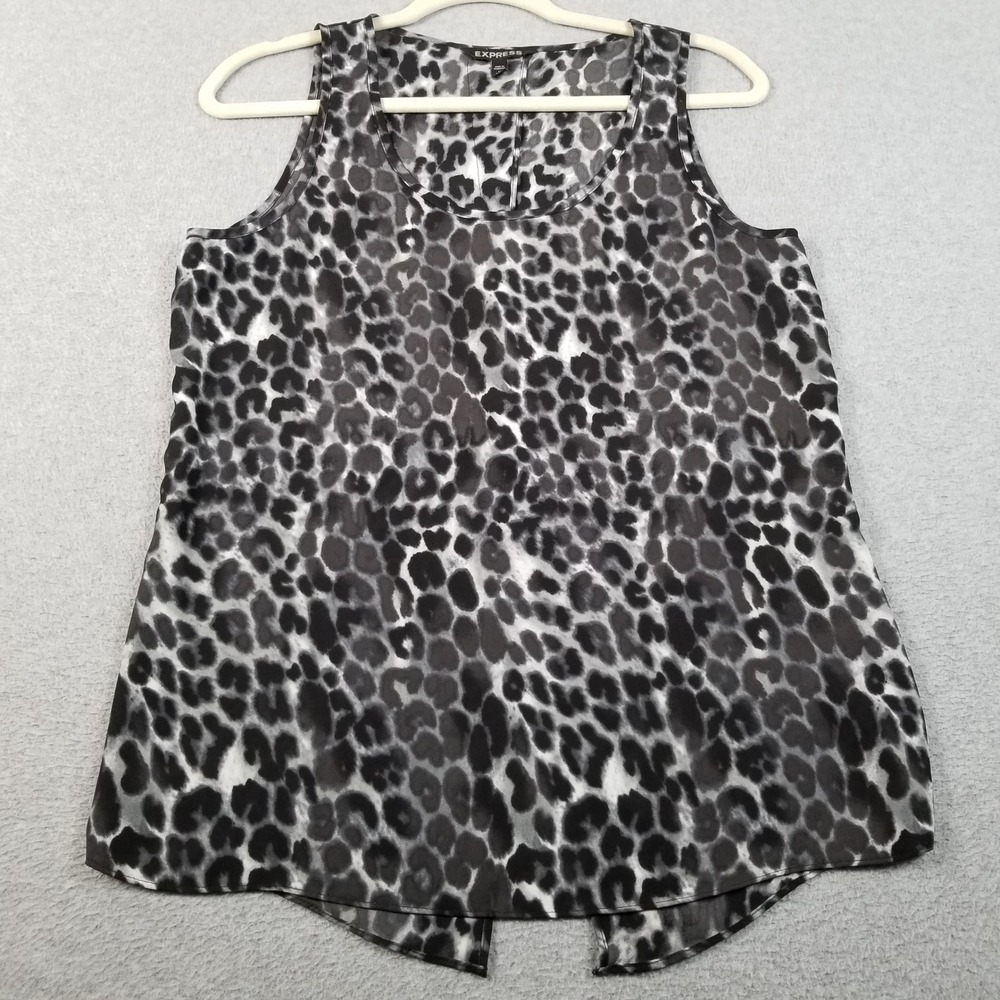 Express Tank Top Women's Medium M Gray Black Leopard Sheer Sleeveless Split Back